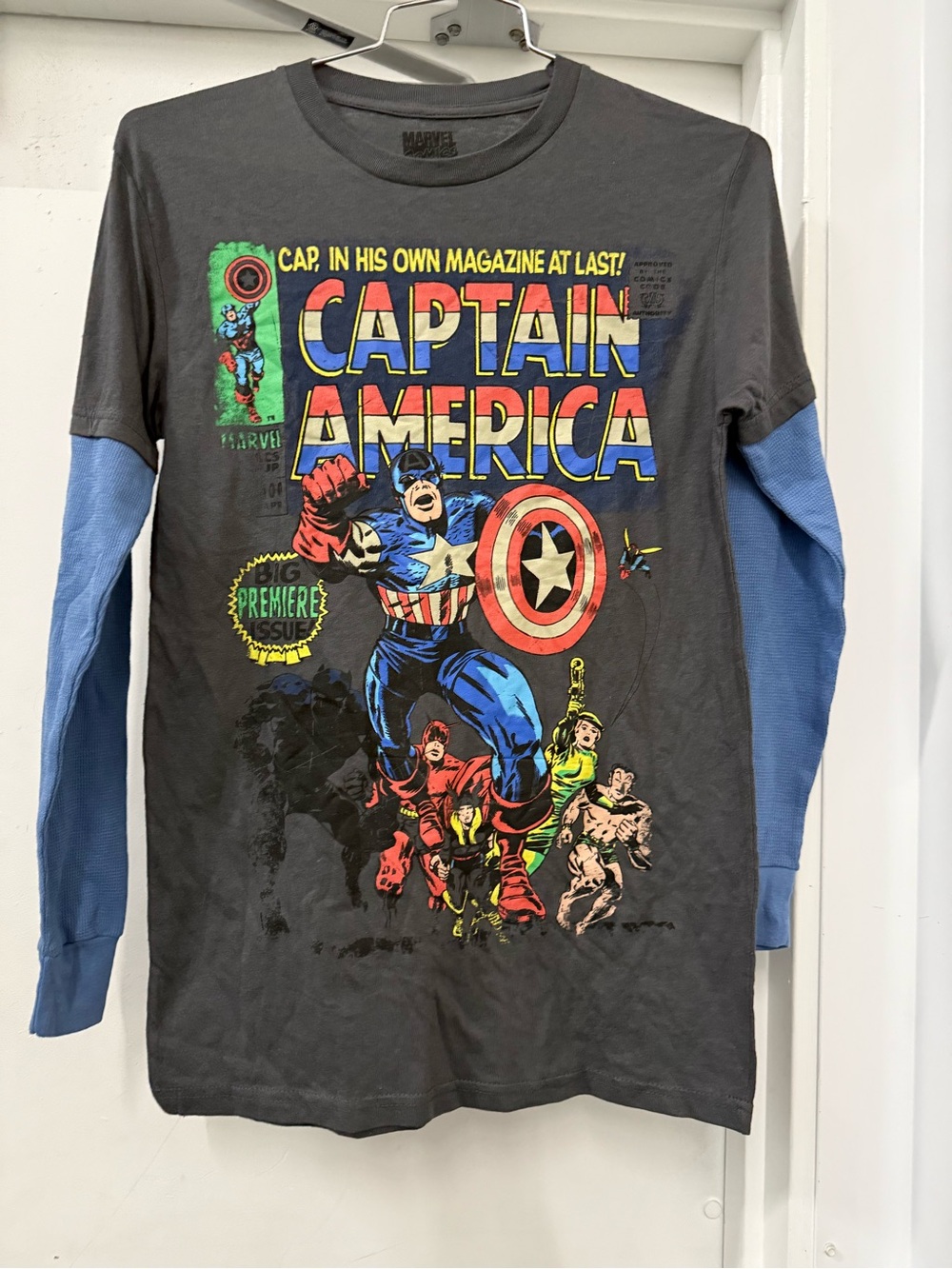 Marvel Captain America Long Sleeve Tee - Gray Body with Blue Sleeves